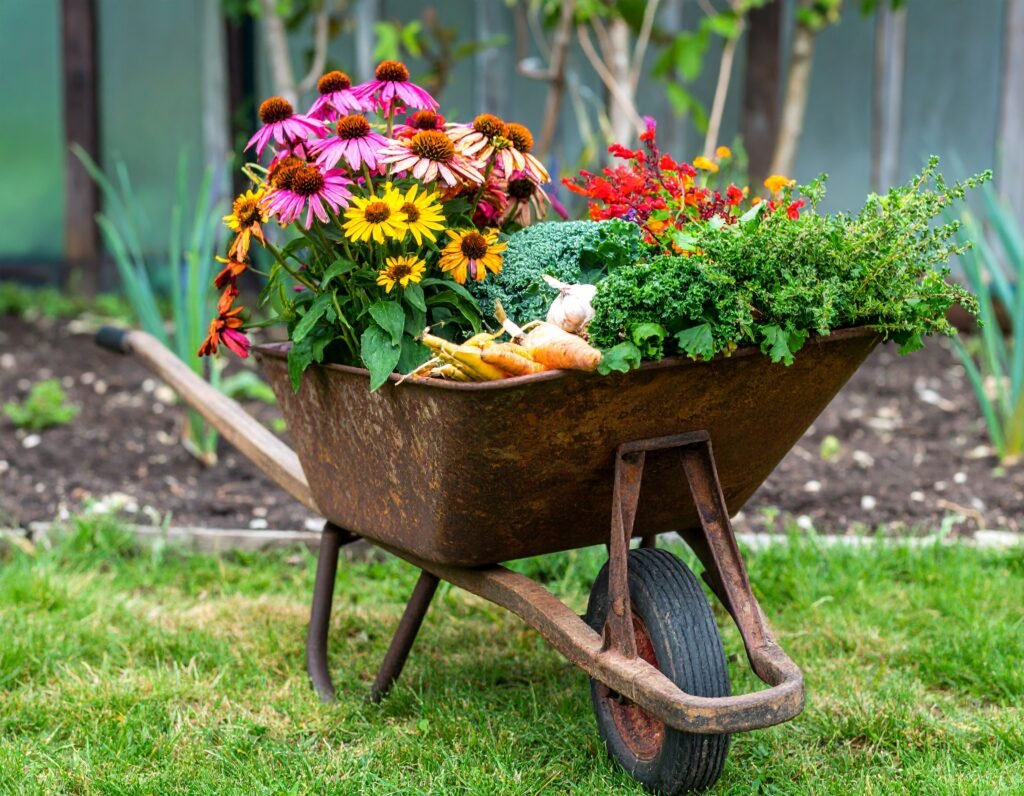 Echinacea, garlic, kale and broccoli group shot