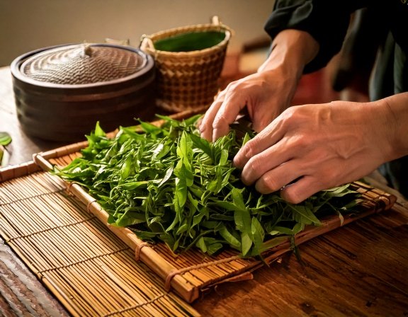 Hands plucking tender tea leaves and laying them on a tray