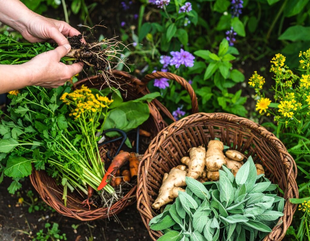 Hands digging burdock and dandelion roots; scissors snipping parsley and sage