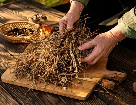 Harvesting and slicing black cohosh roots