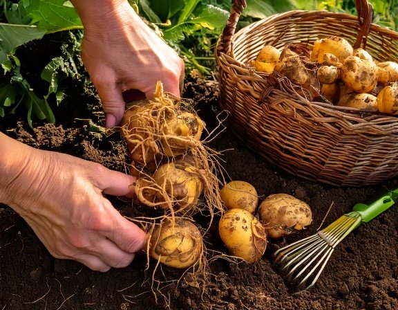 Hands gently digging up mature maca roots from the garden bed
