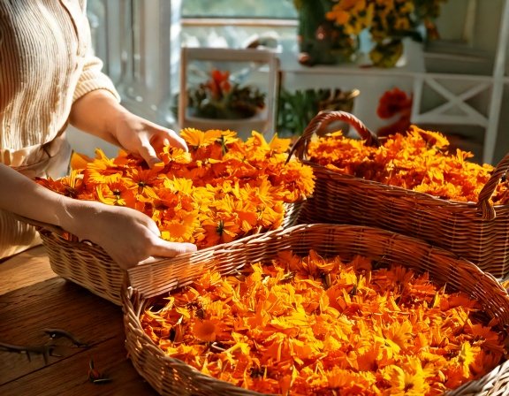 Hands harvesting calendula blooms for drying