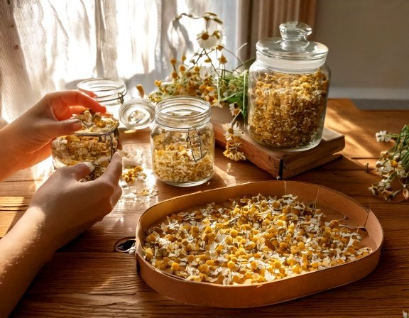 Harvesting chamomile flowers by hand