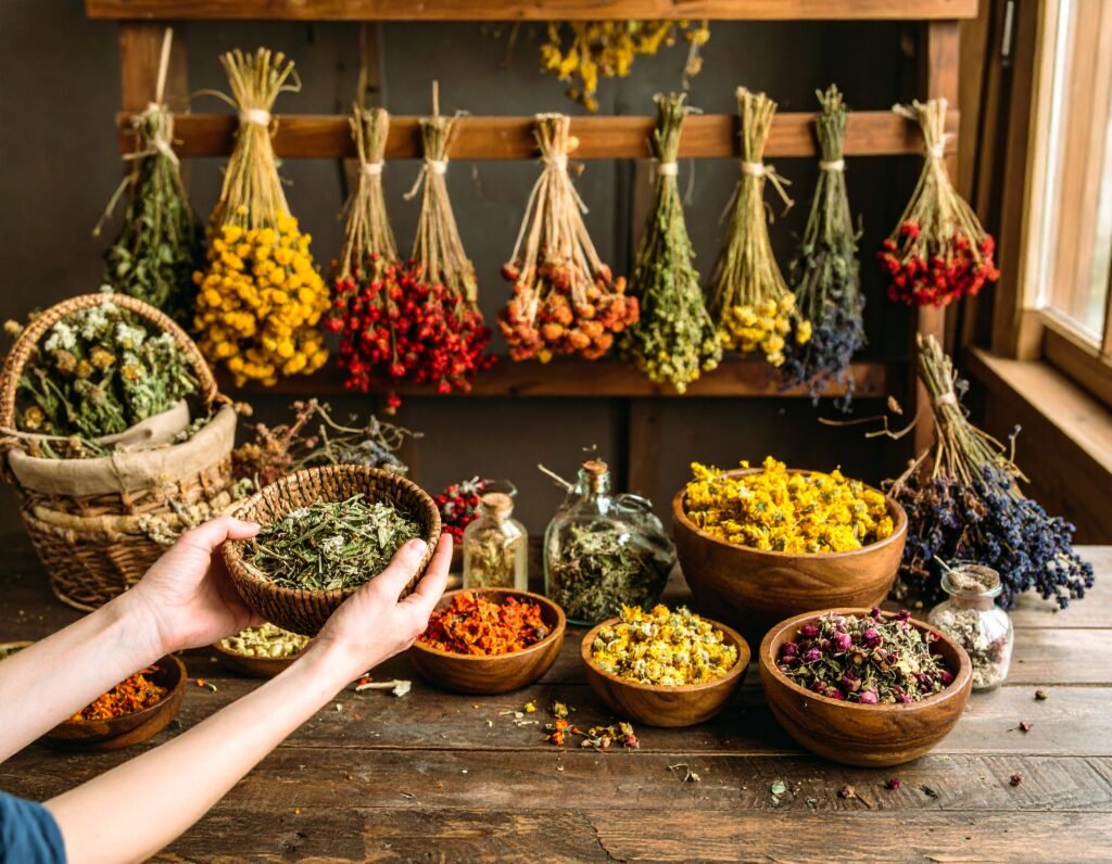 Hands harvesting dandelion, milk thistle, calendula