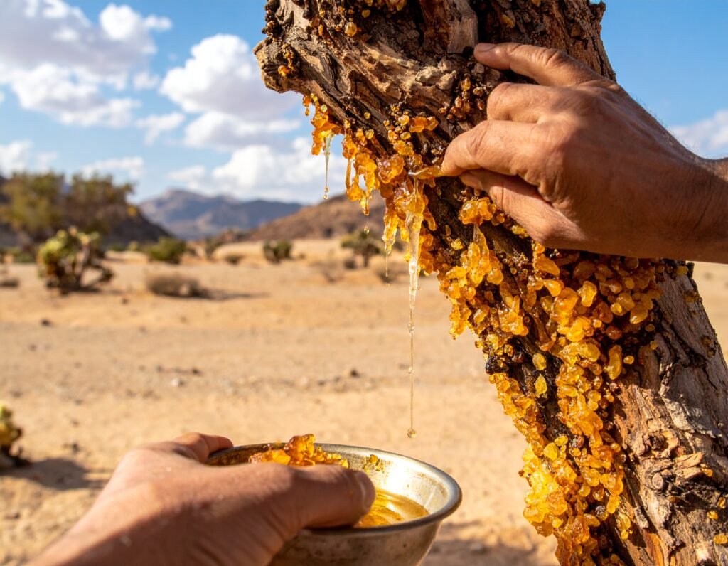 Hands making a shallow cut in Boswellia tree bark, golden resin droplets collected
