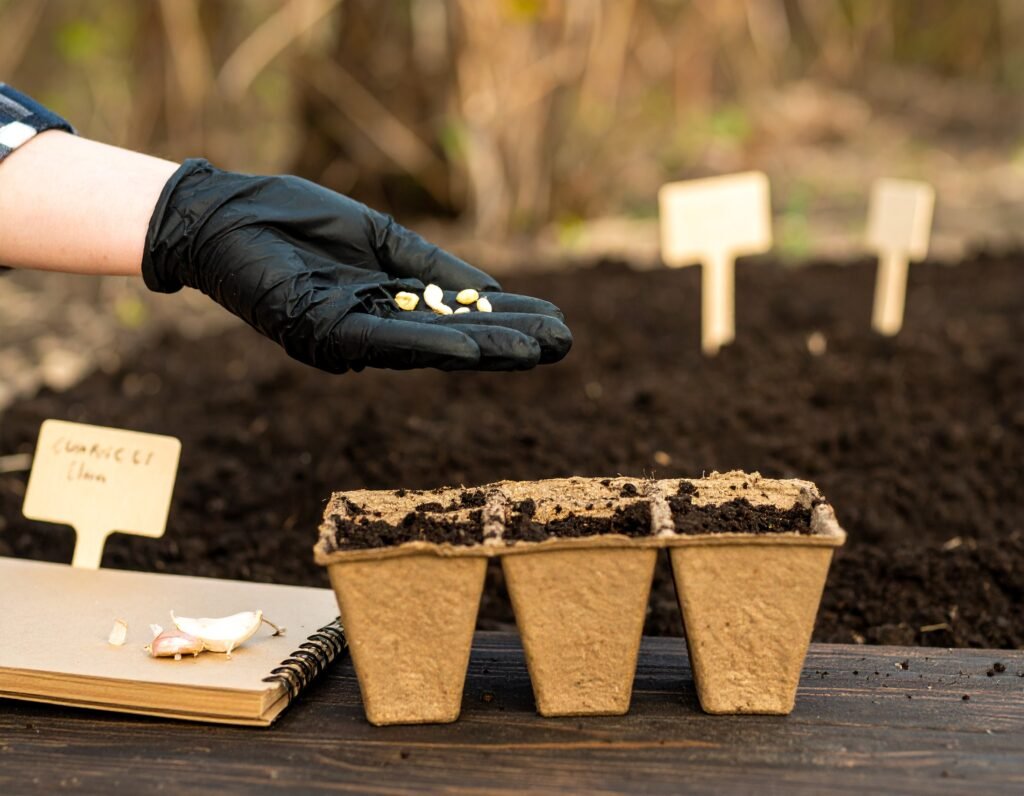 Hands planting echinacea and garlic cloves