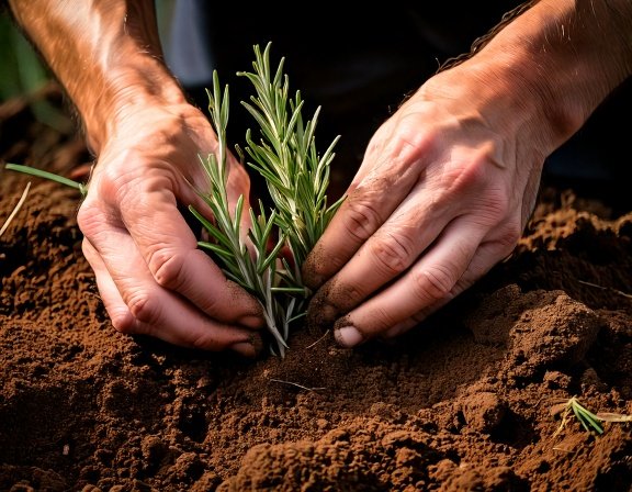 Hands planting rosemary cuttings into sandy well-drained soil