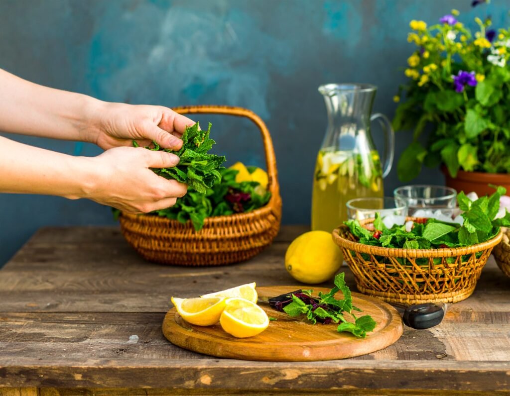 Snipping mint and basil