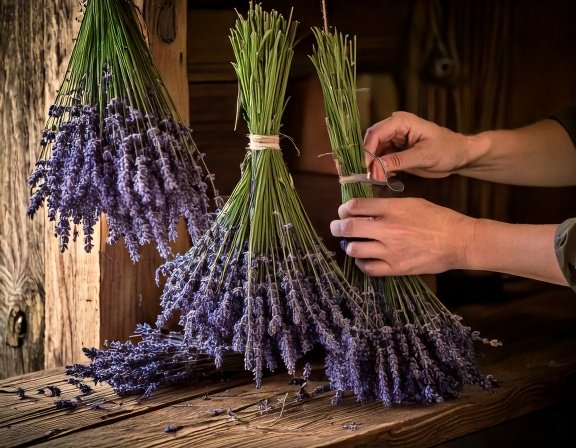 Hands snipping lavender flower spikes, tying bundles