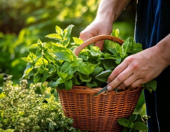 Hands snipping fresh peppermint stems into basket