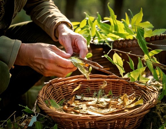 Harvested willow bark strips in basket