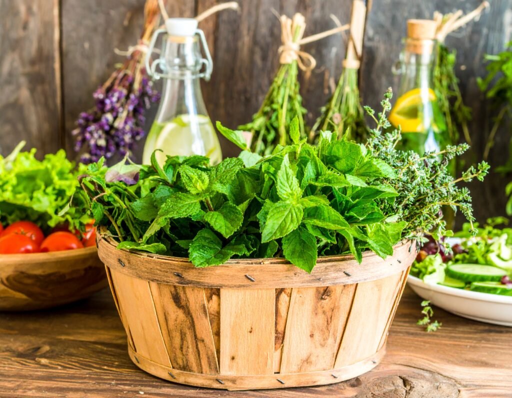 Basket with chamomile, mint, lavender