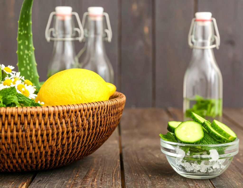 Harvest basket with aloe, mint, calendula, chamomile, and cucumber slices