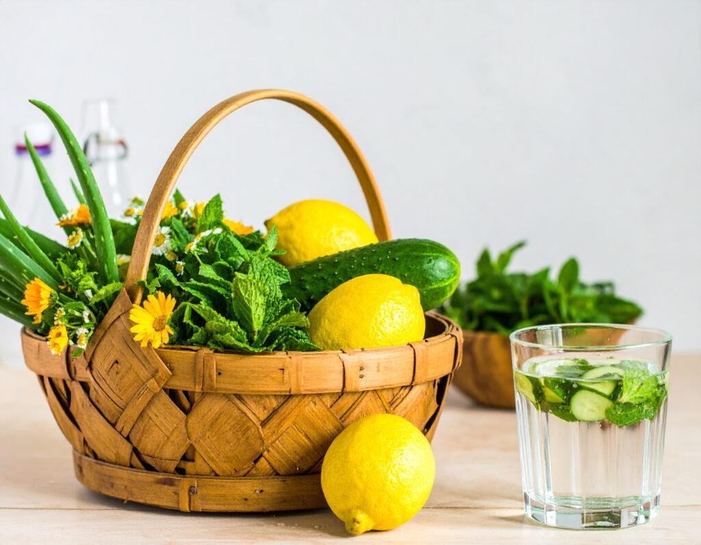 Aloe, mint, calendula, and cucumber for hydration and skin care