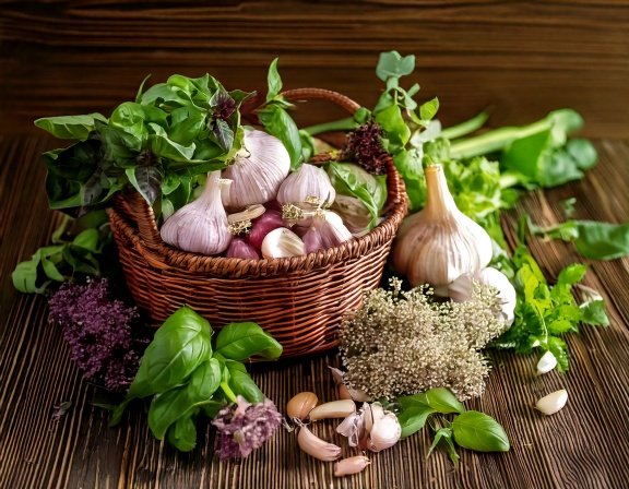 Harvesting garlic, basil, and flowers