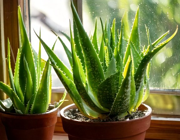 Healthy Aloe plants near window