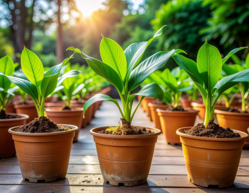 Lush turmeric in large pots