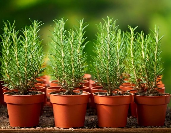 Healthy young rosemary seedlings in labeled terracotta pots
