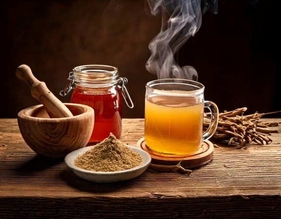 Jar of Ashwagandha root powder, mug of tea, bowl of adaptogenic herbs.