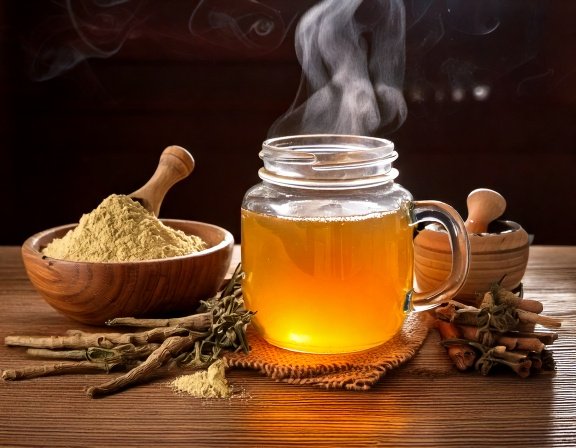 Ashwagandha powder, tea, adaptogen bowl