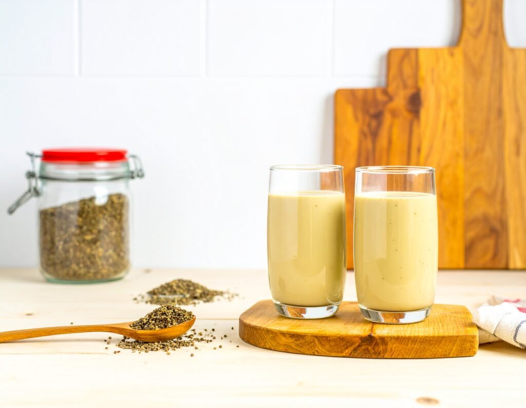 Jar of whole milk thistle seeds, spoonful of ground seeds, cup of herbal tea