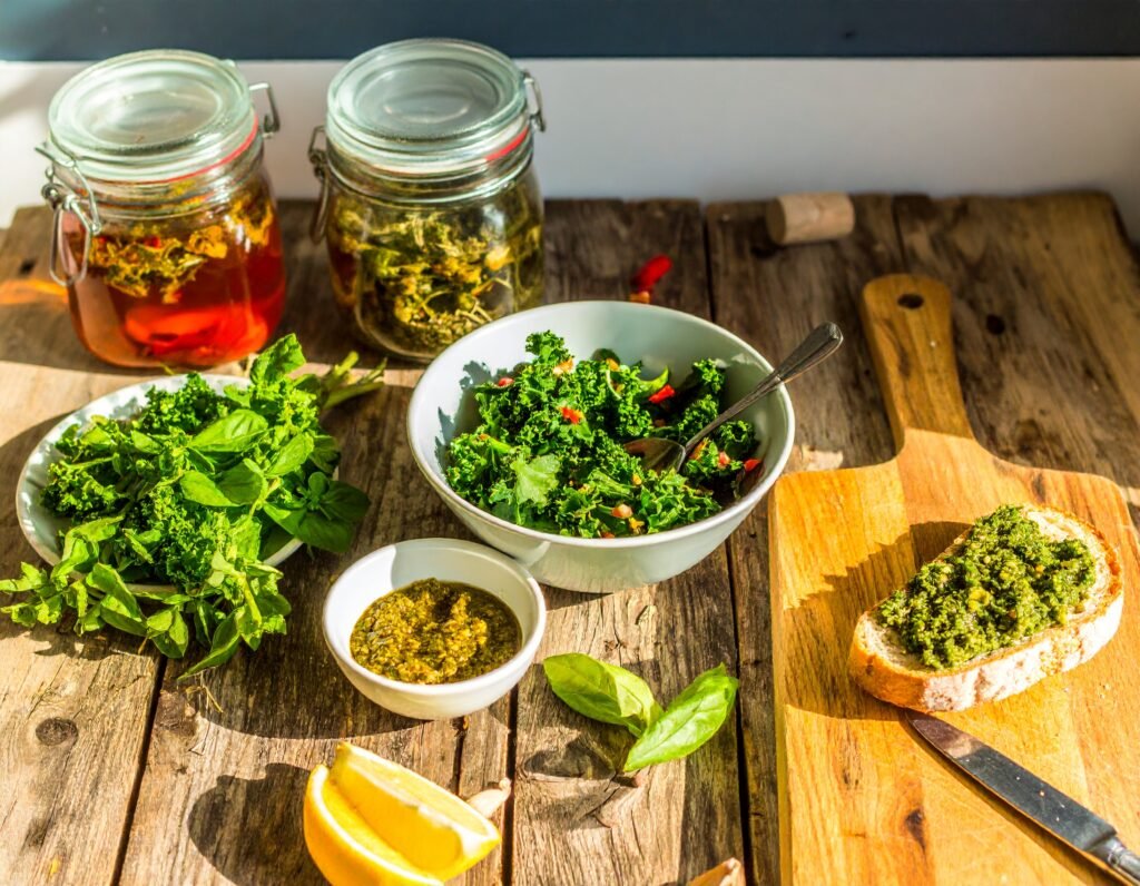Echinacea thyme tea, kale salad, garlic oregano pesto