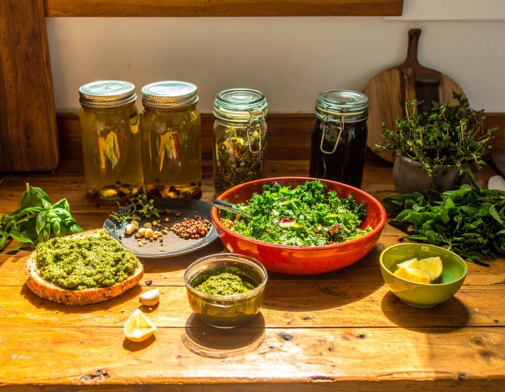 Echinacea and thyme tea, kale salad, garlic oregano pesto