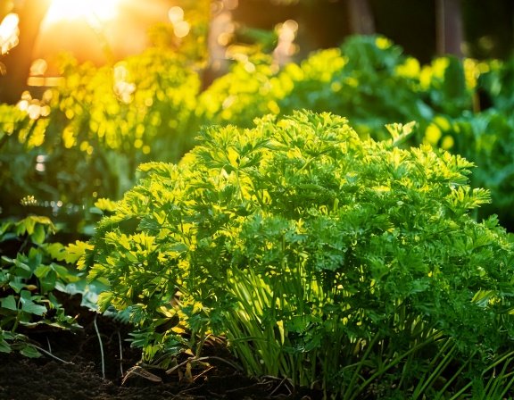 Kitchen herb garden with lush parsley