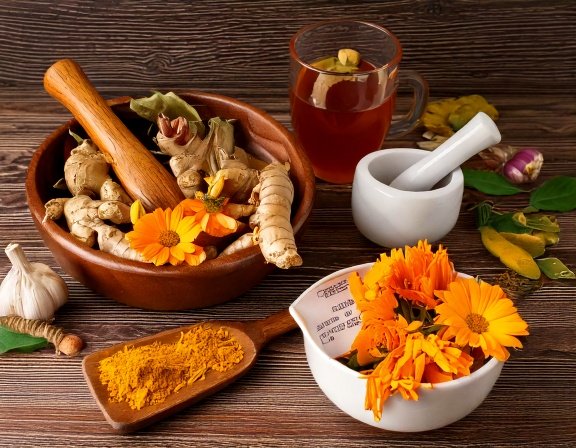 Kitchen bowl of turmeric and ginger