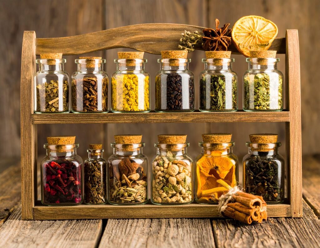 Ashwagandha herbal jars on wooden shelf.