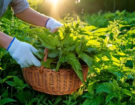 Lush garden patch of vibrant green nettle plants, hands in gloves harvesting fresh leaves into a basket, sunlight streaming on dewy foliage