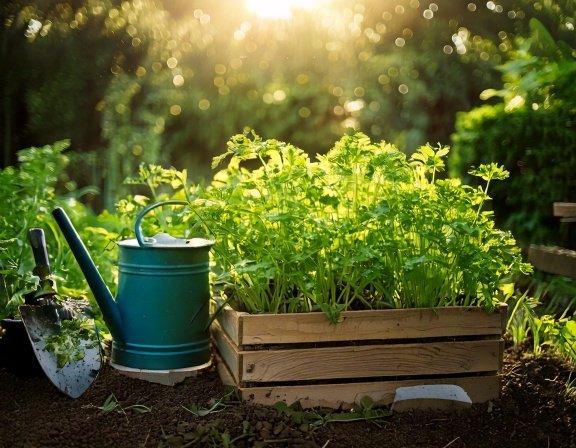 Lush parsley plants in a raised garden bed