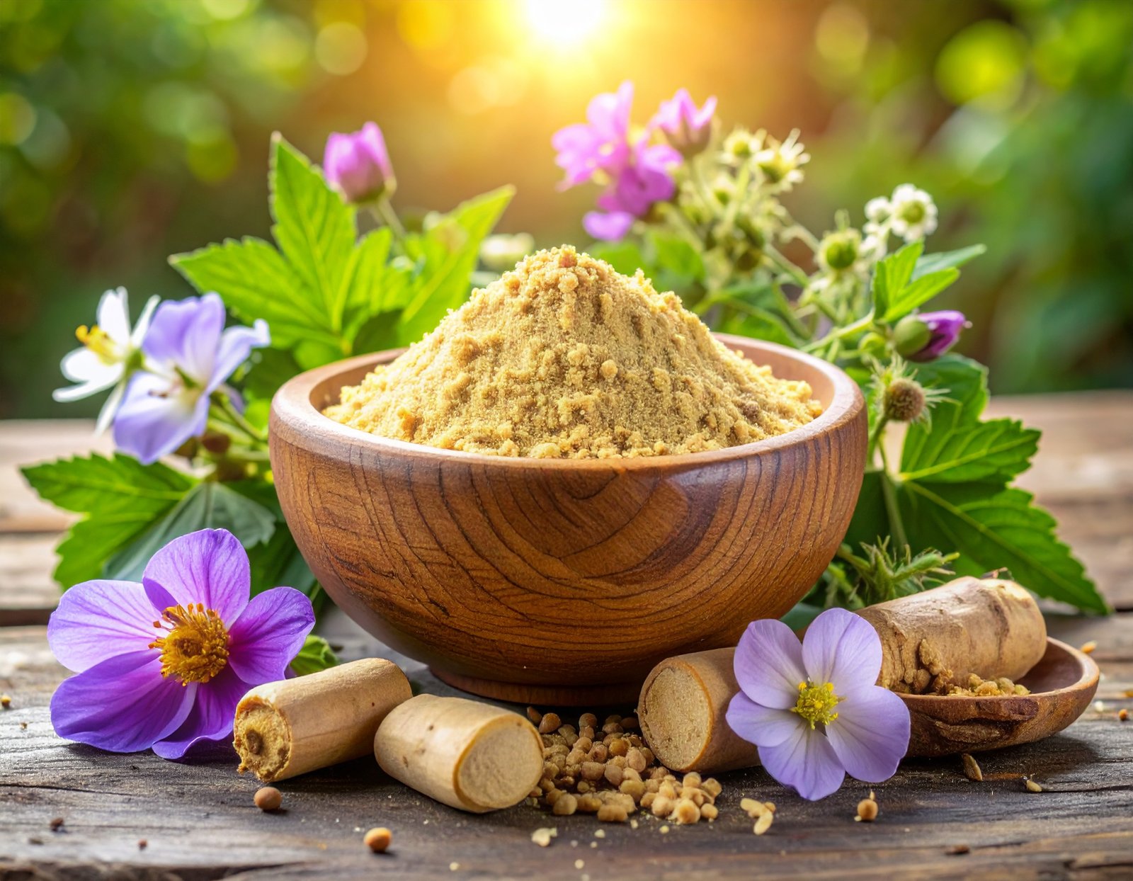 Maca root and powder in a rustic bowl, surrounded by fresh maca plants and wildflowers
