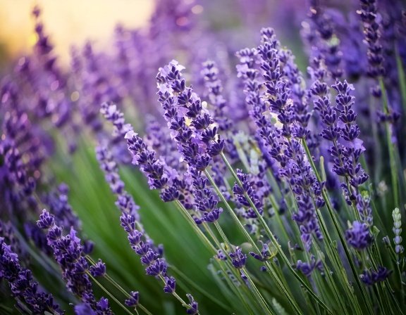 Macro shot of lavender flower spikes with dewdrops