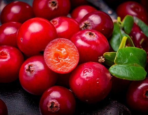 Ripe cranberries with leaves, macro shot