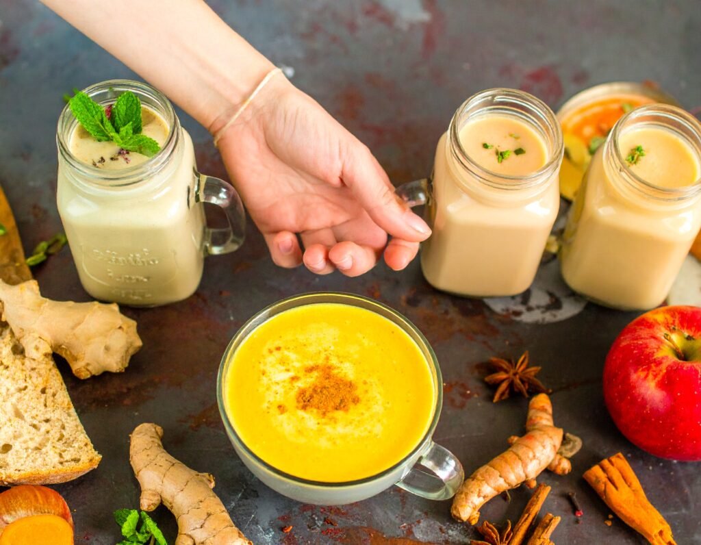 Jars of herbal decoctions and root soup