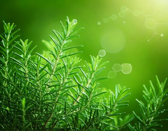 Microscopic visualization of rosmarinic acid molecules, green abstract background