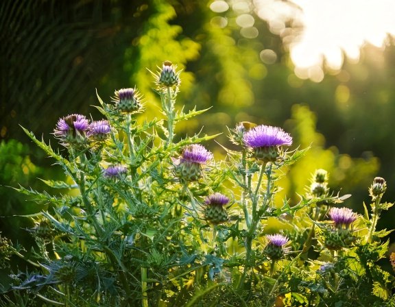 Milk Thistle plants blooming vividly, backyard garden, purple flowers