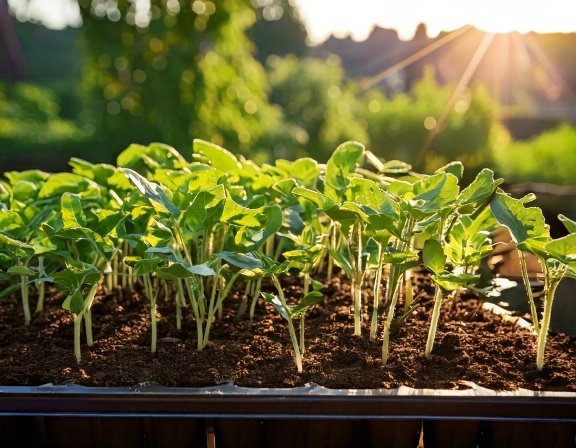 Milk Thistle seedlings sprouting strongly in starter trays, labeled, bright indoor setting