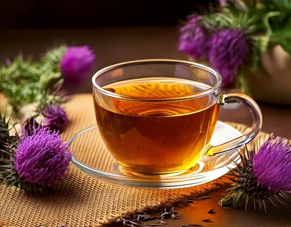 Milk Thistle tea or tincture in clear glass cup, dried seeds displayed, relaxing herbal detox setting