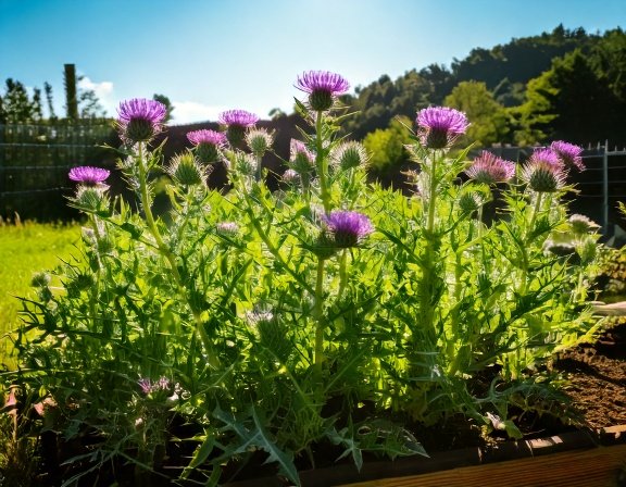 Milk thistle purple blossoms with spiky leaves