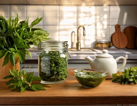 Dried nettle leaves and fresh herbs in kitchen