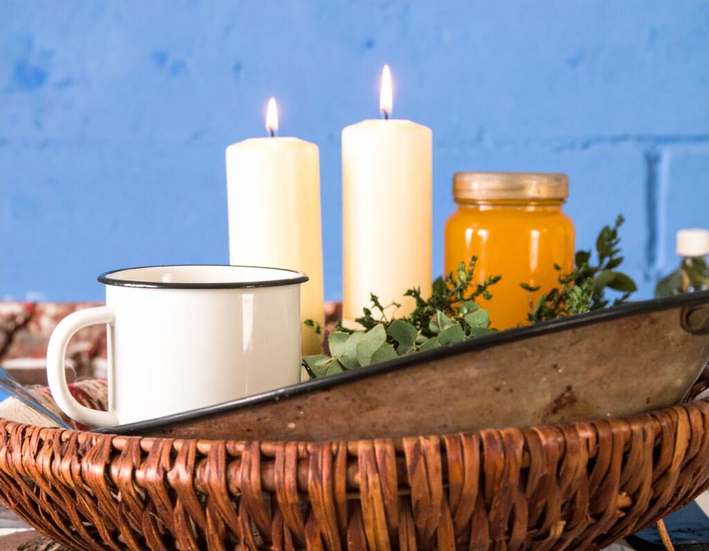 Mugs of root tea, soup pot, and jars of honey-ginger syrup