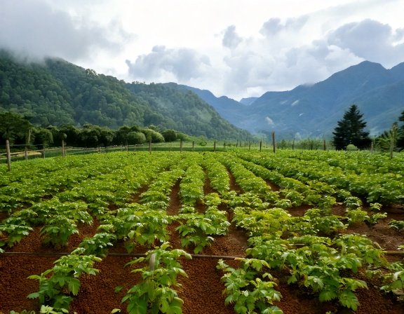Raised garden bed with rows of maca plants, mountain backdrop, cool mist
