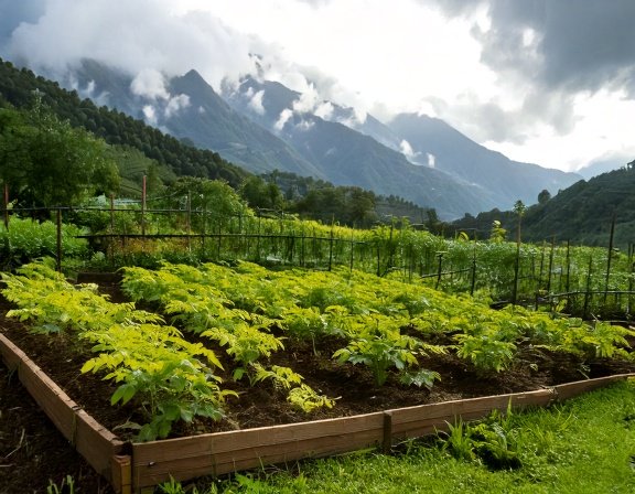 Maca plants growing in raised beds with misty mountains
