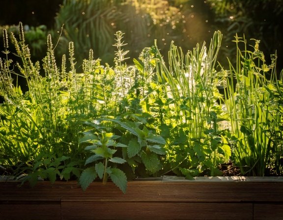 Herb bed with thriving nettle, chives, mint