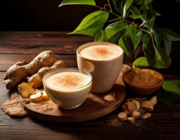 Fresh and dried maca roots, maca latte, herbal book 