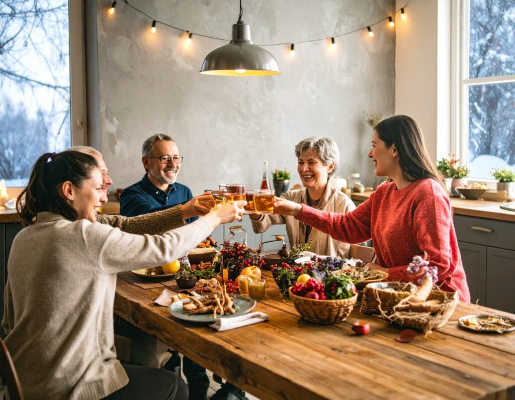 Friends sharing herbal root tea in a cozy kitchen