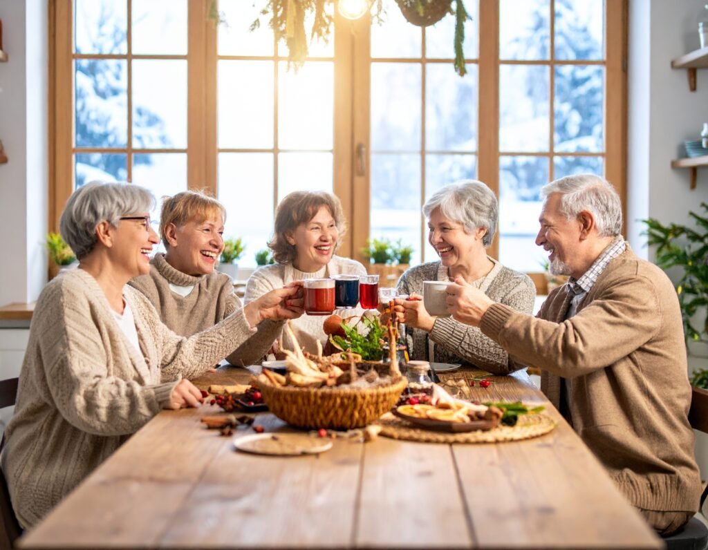 Family sipping root tea in warm kitchen