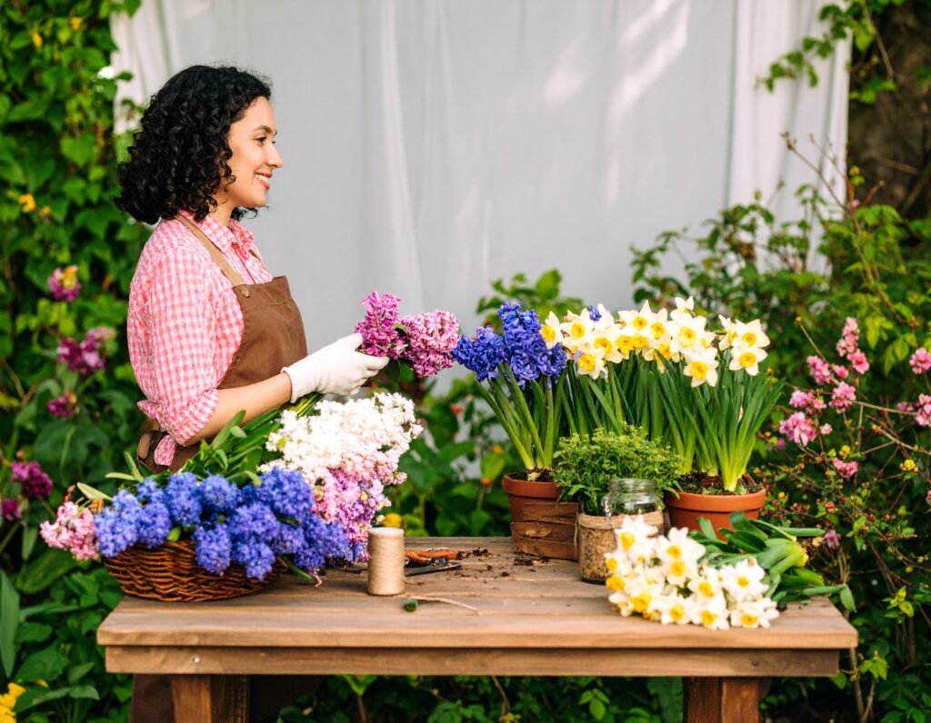 Smiling gardener arranging fresh-cut herbs into jars and baskets